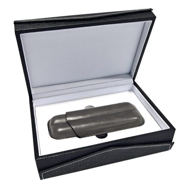 Pouzdro na 2 doutníky Etue, šedé, kožené, 160mm, dárkové balení
